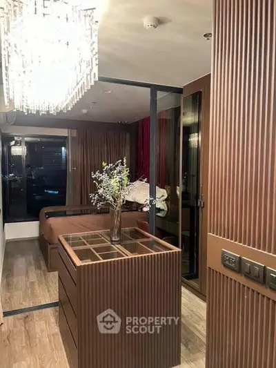 Luxurious modern bedroom with elegant lighting and wooden accents