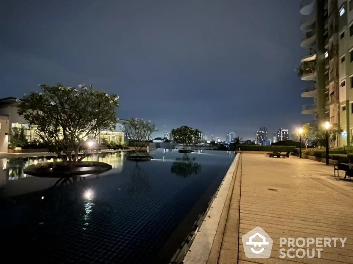 Luxurious rooftop pool with stunning city skyline view at night