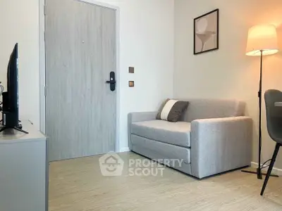 Cozy modern living room with stylish sofa and ambient lighting