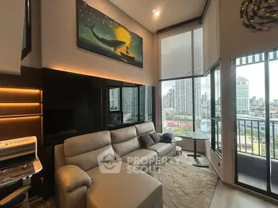 Luxurious living room with stunning city view and modern decor