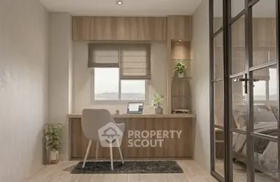Modern study room with wooden desk and cozy chair, perfect for productivity.
