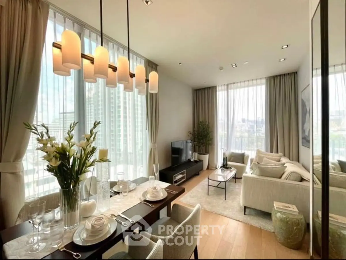 Luxurious modern living room with elegant decor and city view