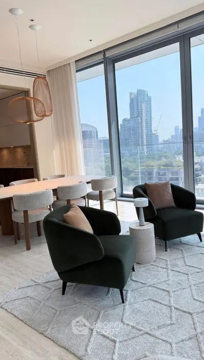 Luxurious modern living room with city view, elegant furniture, and floor-to-ceiling windows.