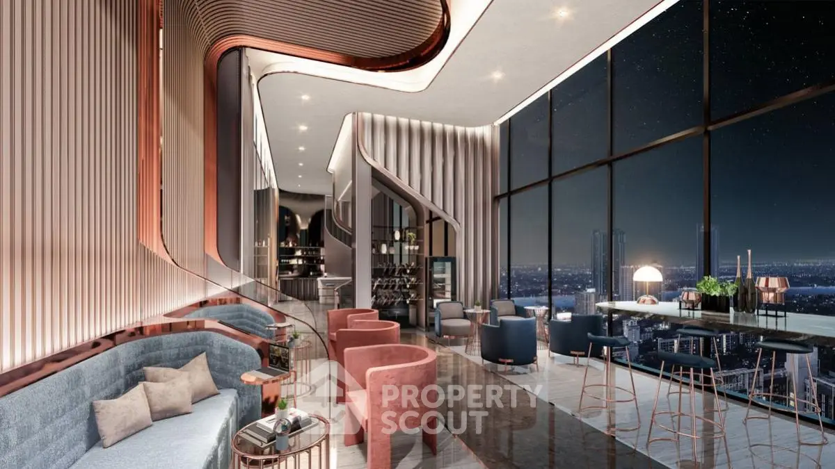 Luxurious modern penthouse with stunning city skyline view and elegant interior design