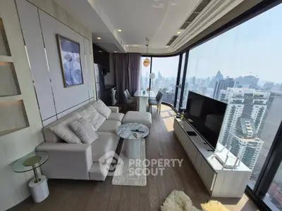 Luxurious corner unit living room with panoramic city view and modern furnishings