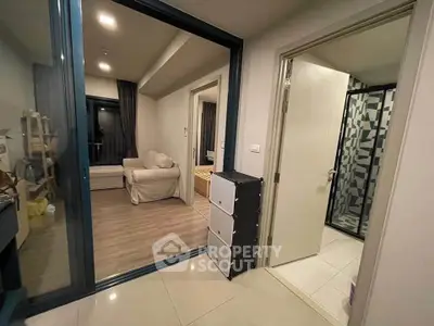 Modern apartment interior with cozy living room and stylish bathroom