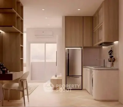 Modern kitchen with sleek appliances and open layout in stylish apartment