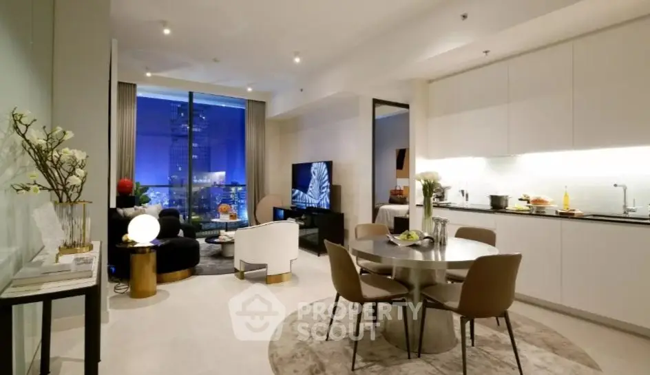 Luxurious modern living room with open kitchen and stunning city view