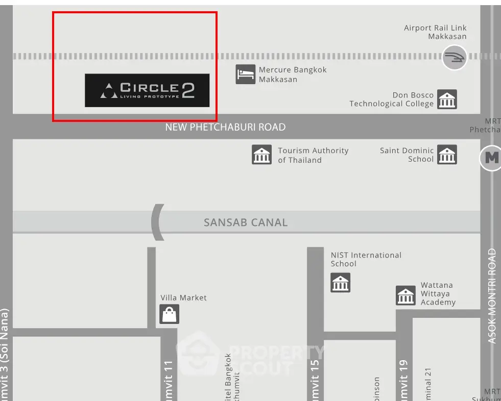Map showing Circle 2 Living Prototype near New Phetchaburi Road and Sansab Canal.