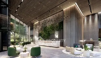 Luxurious modern building entrance with elegant seating and greenery