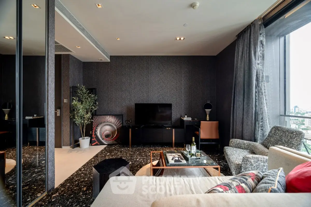 Luxurious modern living room with city view, elegant decor, and cozy seating area.