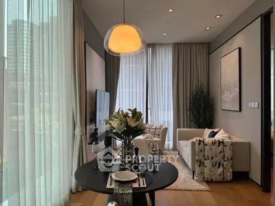 Elegant living room with modern decor, large windows, and stylish dining area in luxury apartment.