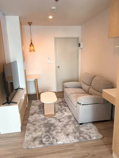 Cozy modern living room with plush rug, stylish sofa, and sleek TV setup in a compact space.