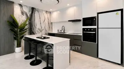 Modern kitchen with sleek design, featuring a marble accent wall, island seating, and high-end appliances.