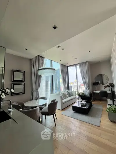 Luxurious modern living room with panoramic city views and elegant decor