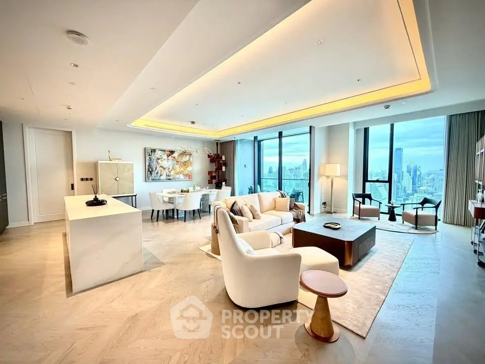 Luxurious open-plan living room with stunning city view and modern furnishings