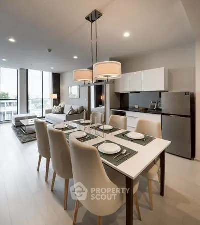 Modern open-plan living room and kitchen with elegant dining area and stylish decor.