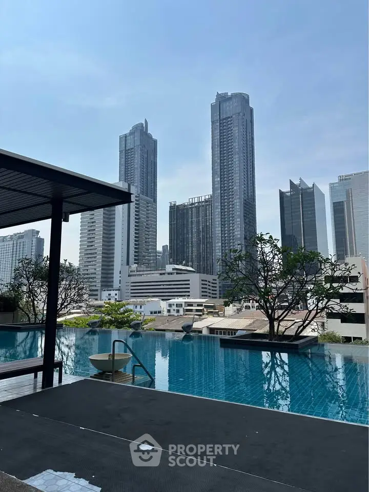Luxurious rooftop pool with stunning city skyline views in a modern urban setting.