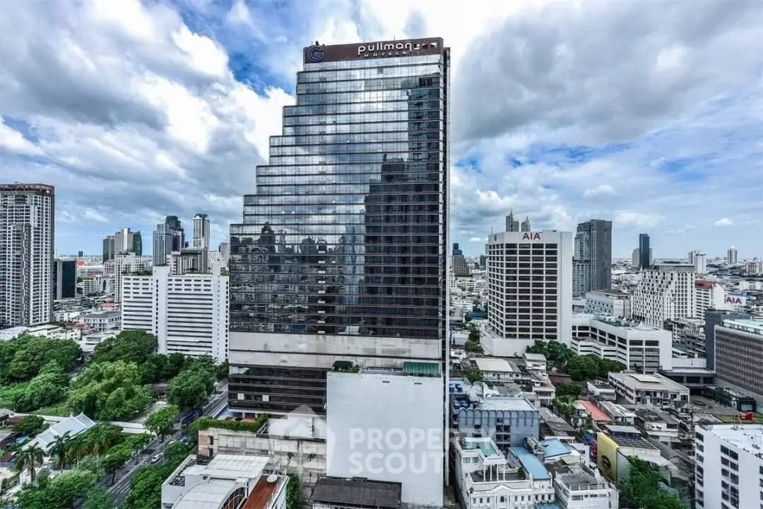 Stunning cityscape view featuring a modern high-rise building with reflective glass facade.