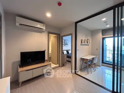 Modern apartment interior with living room, dining area, and balcony view