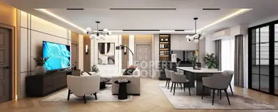 Luxurious open-plan living room with modern decor and elegant lighting, featuring a spacious seating area and stylish dining space.