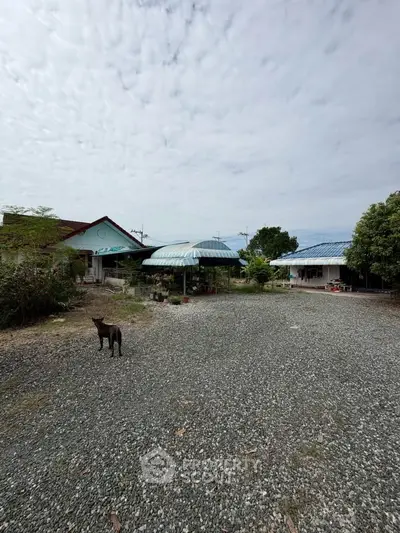 Spacious gravel driveway with houses and lush greenery under a cloudy sky.