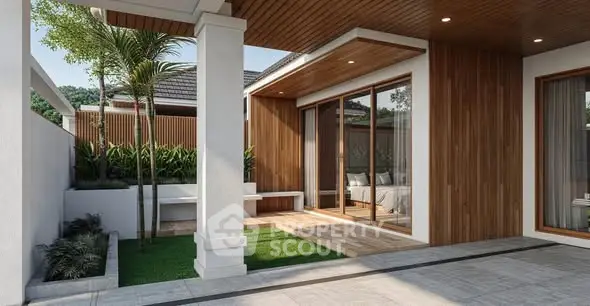 Modern home exterior with wooden accents and lush greenery, showcasing elegant architectural design.