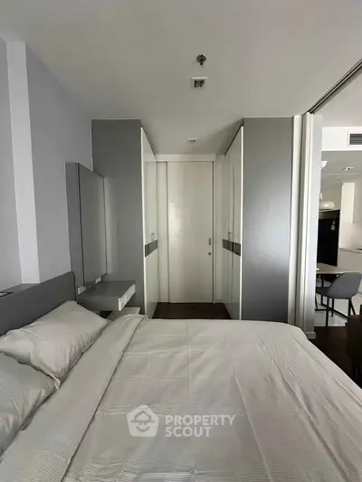 Modern bedroom with sleek design and built-in storage in a contemporary apartment.
