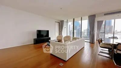Spacious modern living room with city view, elegant furniture, and floor-to-ceiling windows.