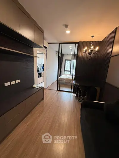 Modern apartment interior with open layout and elegant lighting