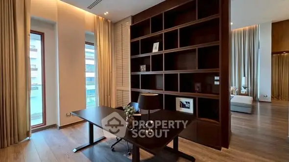 Luxurious home office with elegant wooden shelving and modern desk, perfect for productivity and style.