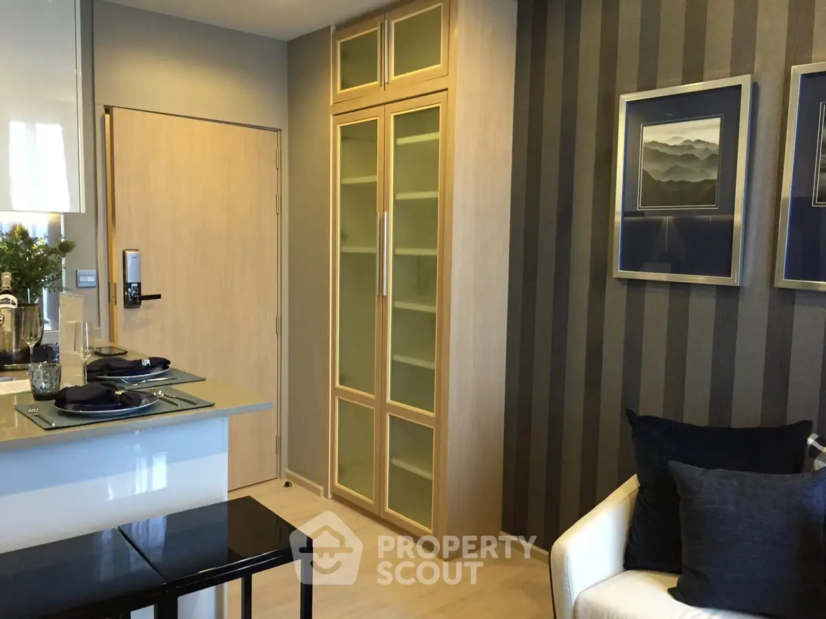 Modern living room with stylish decor and built-in storage