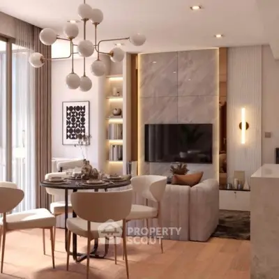 Luxurious modern living room with elegant chandelier and stylish decor