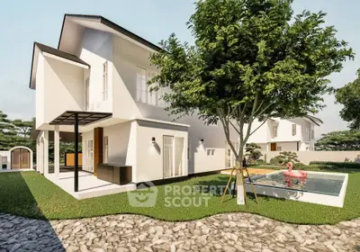 Modern two-story house with lush garden and small pool, perfect for family living.