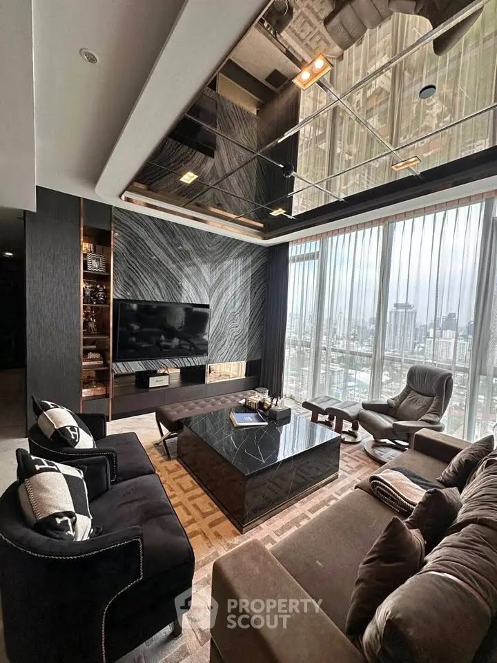 Luxurious modern living room with city view, featuring elegant furniture and stylish decor.