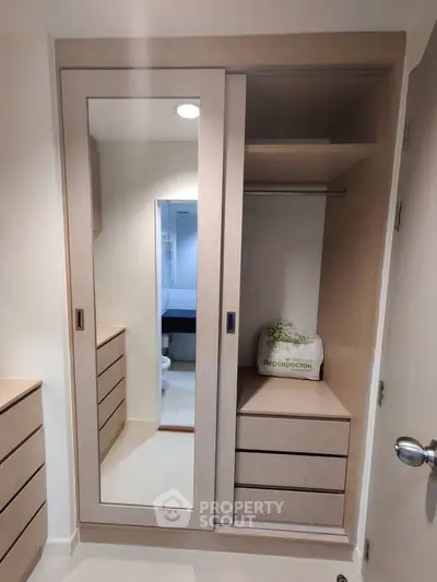Modern bedroom closet with mirror doors and ample storage space