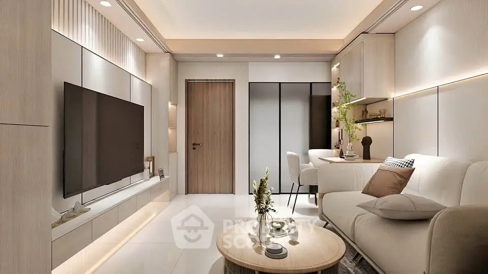 Modern living room with sleek design, featuring a large TV, cozy sofa, and elegant decor in a bright, inviting space.