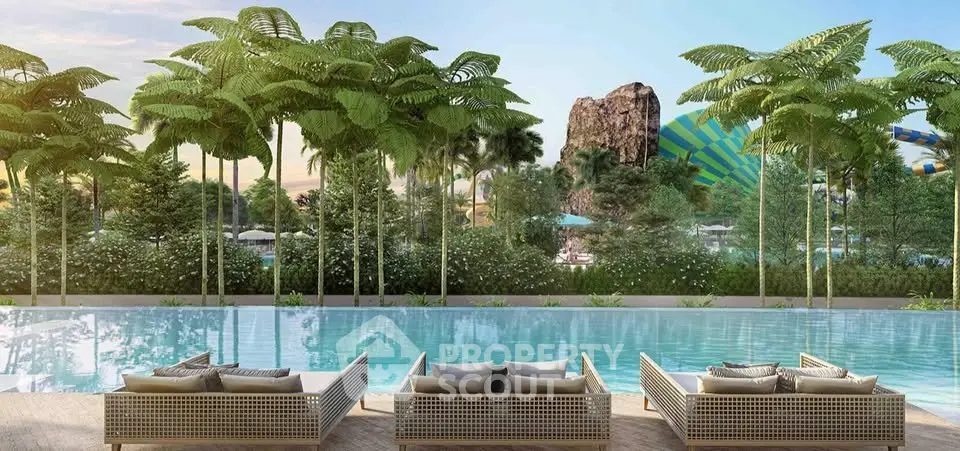 Luxurious poolside view with modern lounge chairs and lush greenery, perfect for relaxation and leisure.