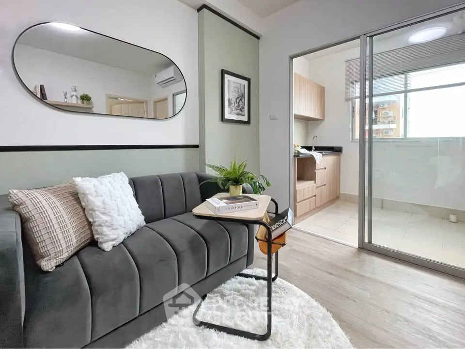 Stylish living room with modern decor and open kitchen view