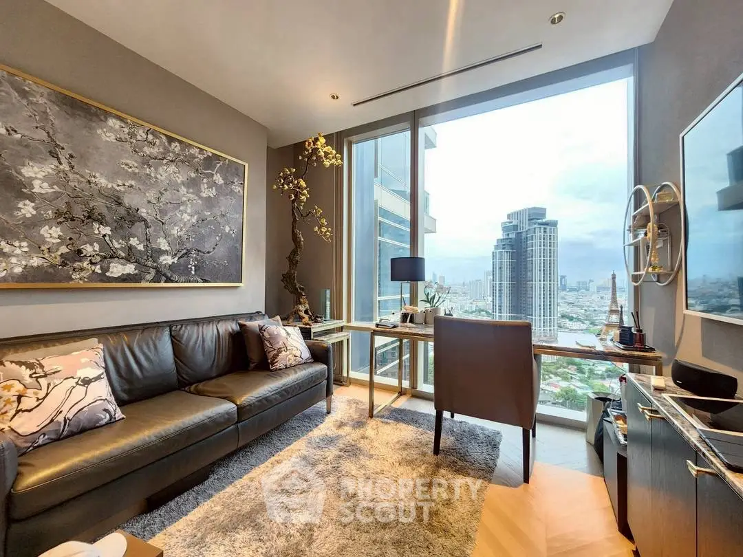 Luxurious living room with stunning city view, elegant decor, and modern furnishings in a high-rise apartment.