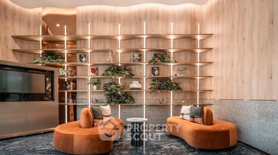 Luxurious modern living room with unique shelving and stylish seating