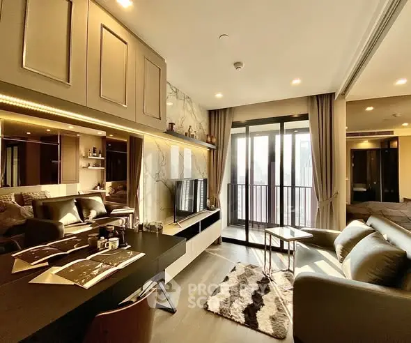 Luxurious modern living room with elegant decor and balcony view