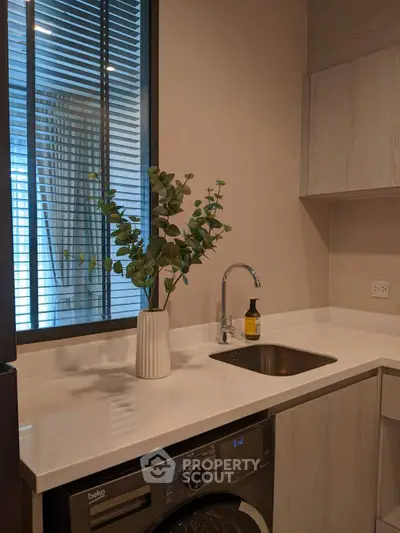 Modern kitchen with sleek countertop, built-in washing machine, and stylish decor