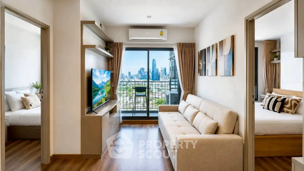 Modern living room with city view, stylish decor, and cozy ambiance in a high-rise apartment.