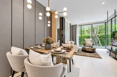 Luxurious open-plan living and dining area with modern decor and garden view.