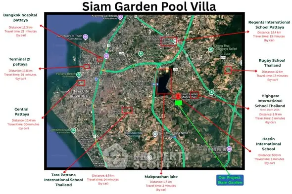 Map highlighting Siam Garden Pool Villa and nearby schools in Pattaya