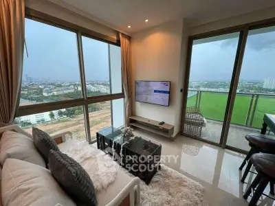 Luxurious living room with stunning city view and modern decor
