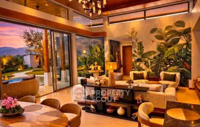 Luxurious living room with stunning sunset view, elegant decor, and seamless indoor-outdoor flow.