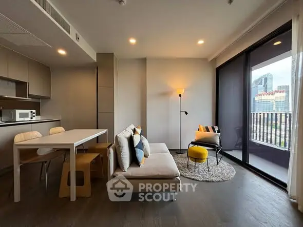 Modern living room with city view and stylish decor