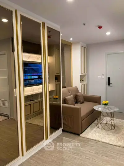 Modern living room with stylish decor and cozy seating area